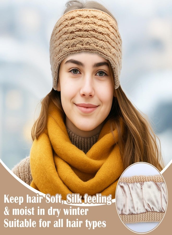 Funnysoft 3 Pack Satin Lined Winter Headbands for Women, Silk Lined Beanie Caps Ear Warmers for Natural Curly Ponytail Hair(Black, Gray, Khaki,Cable Knit) - Image 4